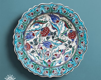 Hand Painted Turkish Ceramic Plate, Ottoman Style Iznik Inspired Design, Decorative Wall Plate, 12 inch (30 cm)