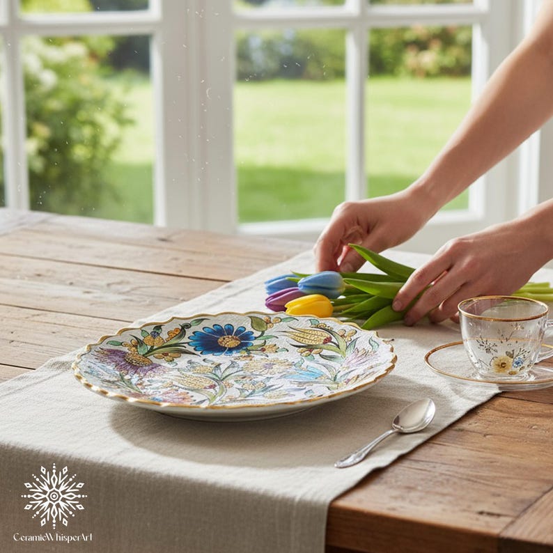 Hand-Painted Floral Ceramic Plate, Turkish Boho Wall Decor (30 cm) image 2