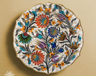 Hand-Painted Kütahya Ceramic Plate: Floral Turkish Pottery with Gold (12 inch)