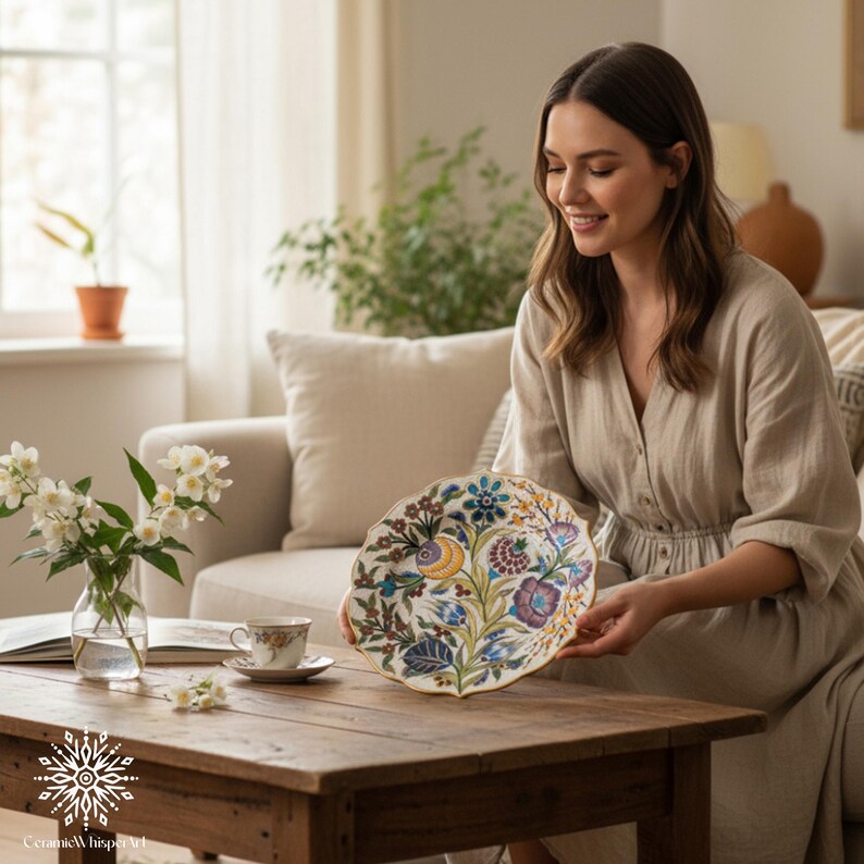 Puede incluir: Un plato de cer&aacute;mica decorativo con borde festoneado con un dise&ntilde;o floral en azul, morado, amarillo y verde. El plato se sostiene frente a una persona sentada en un sof&aacute;. El plato tiene un borde dorado y est&aacute; sobre una mesa de madera.