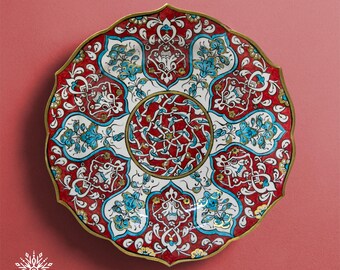 Handpainted Turkish Ceramic Plate, Red and Turquoise Floral Wall Art (12 in)
