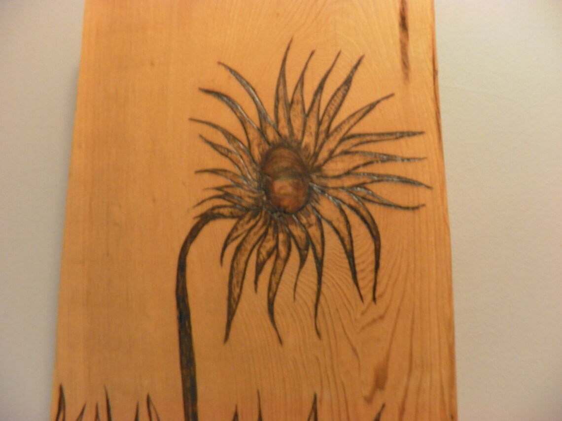 Lone Flower on Cedar Pyrography Portrait Wall Decor Simple Design Ready to Ship Yours in 2 Days