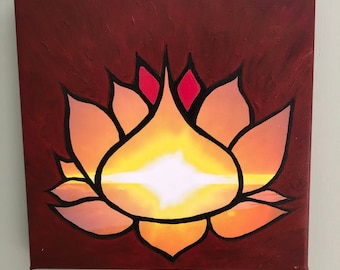 Lotus flower portrait red background acrylic on photo canvas sunset  8 x 8" for inspirational walls