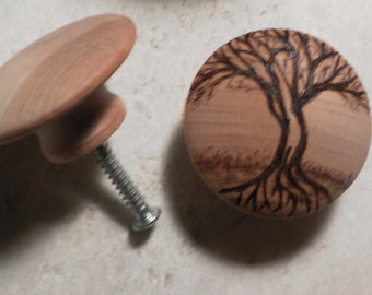 Customizable Wood Drawer pulls/knobs three sizes original pyrography wood burn image of your choice