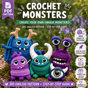 Puede incluir: Una guía de patrones PDF digital titulada Crochet Monsters con instrucciones para crear varias criaturas. La portada muestra cinco monstruos de ganchillo coloridos con ojos grandes y cuernos, junto con texto que detalla 305 páginas de patrones.