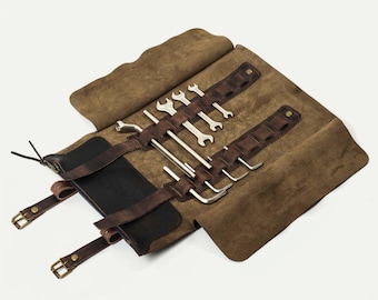 Estuche enrollable de cuero de grano completo de primera calidad – Organizador de llaves hecho a mano / Bolsa de herramientas enrollable para mecánicos, reparación de motocicletas y automóviles