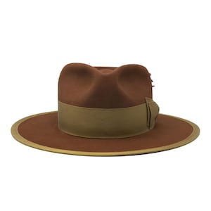 Brown Fedora Hat Wide Brim Felt Hat for Men Vintage Style Dress Hat with Olive Ribbon