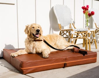 Luxury Leather Dog Bed – Premium Brown Leather Pet Bed, Modern Stylish Dog Cushion, Washable Cover, Indoor Outdoor Dog Bed