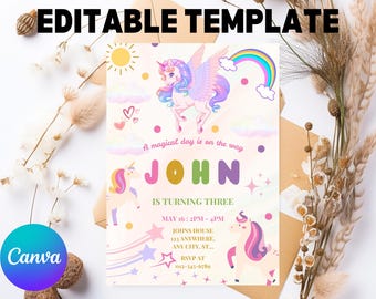 Unicorn Birthday Invitation: Pastel Rainbow Sparkle Party (Canva Template, Digital Download)