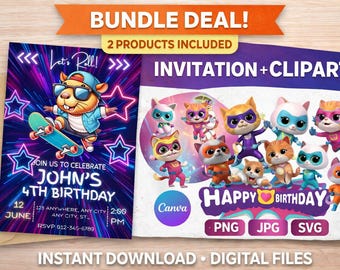 Super Kitty Birthday Invitation + Clipart Bundle | Editable Canva Invite | PNG JPG SVG | Instant Download