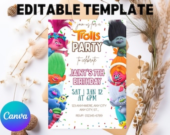 Trolls Birthday Invitation, Editable Template Canva (Digital)