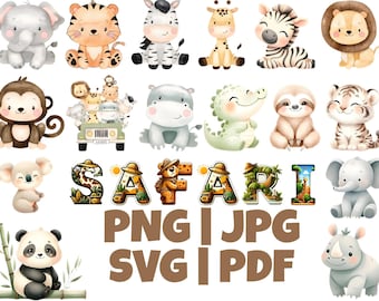 Safari Animals Clipart, Watercolor Jungle Animals, Nursery Art (Digital Download)