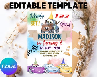 Cars Birthday Invitation, Editable Template (Digital Download)