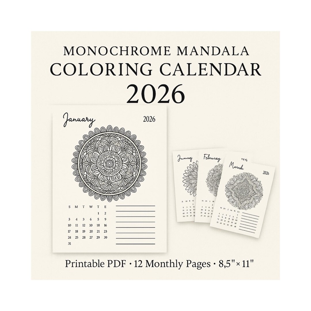 Mandala Coloring Calendar Printable Yearly Planner Black White Coloring ...