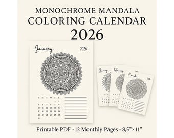 Mandala Coloring Calendar Printable Yearly Planner Black  White Coloring Pages Mindfulness Art Instant