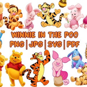 May include: A collection of cartoon illustrations featuring Winnie the Pooh and friends. The image includes characters like Winnie the Pooh, Tigger, Piglet, Eeyore, and others. Text in the image reads "WINNIE IN THE POO PNG | JPG | SVG | PDF".