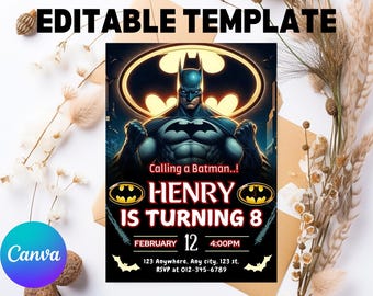Editable Superhero Birthday Invitation, Bat Party Invite (PDF)