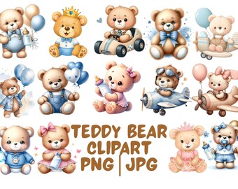 Watercolor Teddy Bear Clipart Set, Blue Beige Nursery Decor (Digital Download)