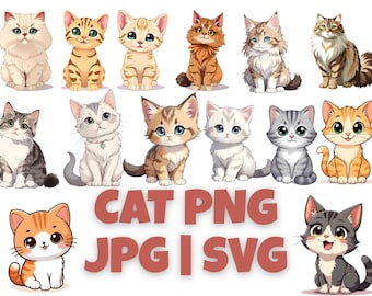 Cat Breeds Clipart Bundle, Watercolor Realistic Cats (png, jpg, svg, pdf)