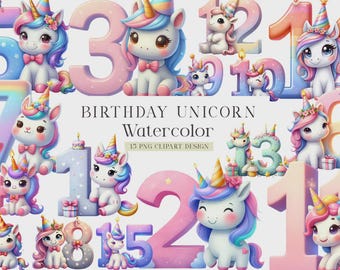 Unicorn Birthday Numbers Clipart – Watercolor PNG JPG PDF (Digital Download)