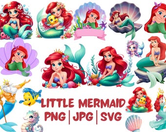 Ariel Clipart Bundle, Little Mermaid PNG, Cartoon Sublimation (Digital Download)
