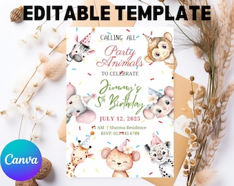 Party Animals Birthday Invitation Template: Girl Printable Invite (PDF)