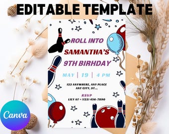 Neon Glow Bowling Birthday Invitation: Editable Party Invite (PDF)