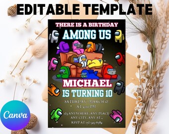 Among Us Birthday Invitation: Editable Kids Game Invite (Canva Printable PDF