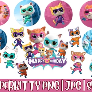 Puede incluir: Una colección de ilustraciones de gatos superhéroes de dibujos animados en varias poses y colores, incluyendo naranja, blanco y amarillo. Se presenta la frase "Happy Birthday", junto con el texto "SUPERKITTY PNG | JPG | SVG".
