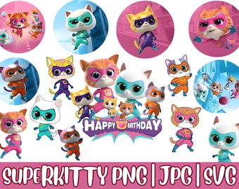 Super Kitties Birthday Clipart Bundle, Logo & Character Graphics (Digital Download)