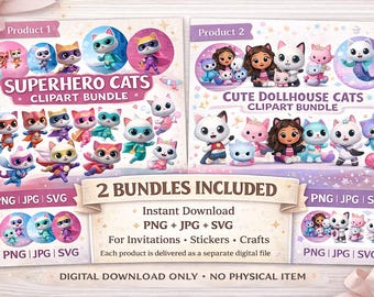 2 Clipart Bundles | Superhero Cats + Dollhouse Cats | PNG JPG SVG | Instant Download