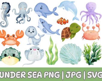 Watercolor Undersea Animals Clipart, Nursery Decor (PNG, JPG, SVG)