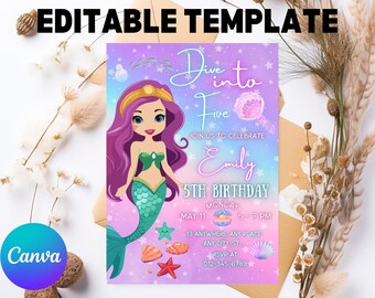 Mermaid Birthday Invitation: Under the Sea Party, Purple & Teal (Editable Template)