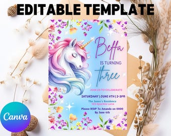 Unicorn Birthday Invitation: Pastel Rainbow Sparkle Party (Printable Canva Template)