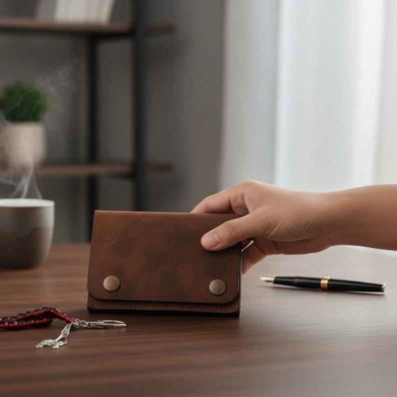 May include: A brown leather wallet with two snap closures. The wallet is rectangular and appears to be made of high-quality leather. A pen and a set of keys are also visible on the wooden surface.
