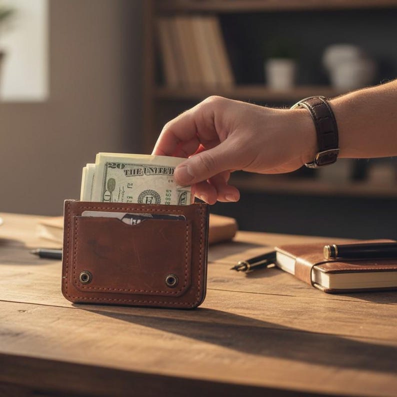 May include: A brown leather wallet with cash and a card inside. The wallet is on a wooden surface, with a hand reaching in to grab a bill. A brown leather watch is on the person's wrist.