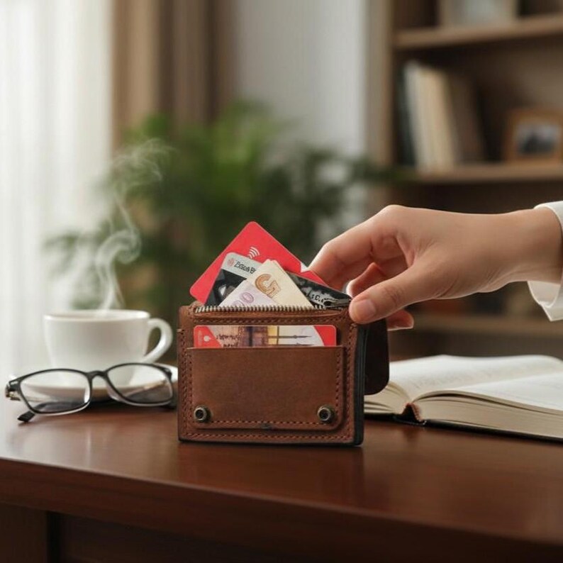 May include: A brown leather wallet with a front pocket and a zipper closure, filled with credit cards and cash. The wallet is on a dark brown surface, with a cup of coffee, glasses, and a book in the background.