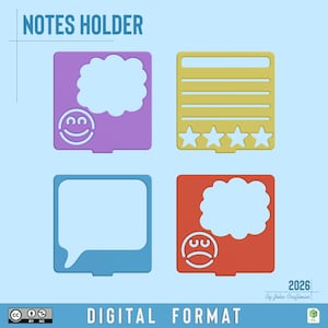 May include: Four square notes holders in purple, yellow, blue, and red. The purple one has a smiley face and thought bubble. The yellow one has lines and four stars. The blue one is a blank speech bubble. The red one has a sad face and thought bubble.