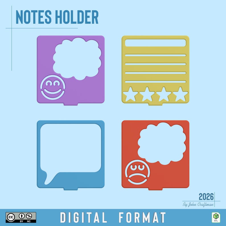 May include: Four square notes holders in purple, yellow, blue, and red. The purple one has a smiley face and thought bubble. The yellow one has lines and four stars. The blue one is a blank speech bubble. The red one has a sad face and thought bubble.