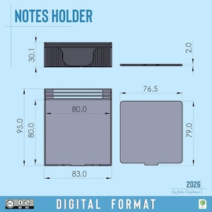 May include: A technical drawing of a notes holder in a digital format. The diagram displays front, top, and side views with dimensions in millimeters, including a width of 83.0 mm, a height of 95.0 mm, and a thickness of 2.0 mm for the base plate.