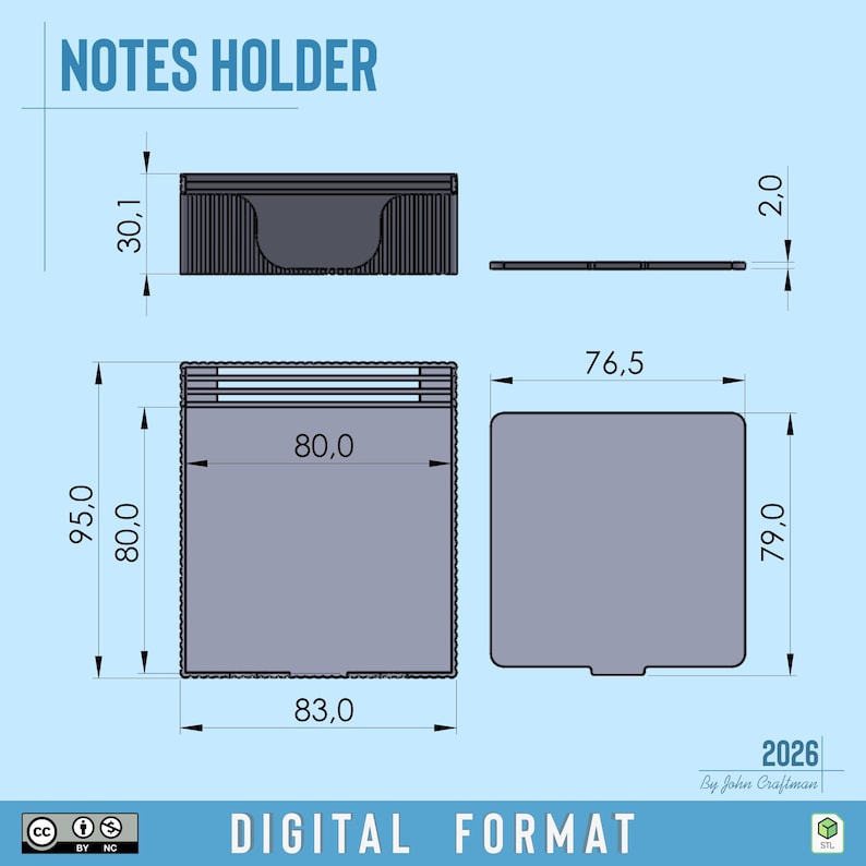 May include: A technical drawing of a notes holder in a digital format. The diagram displays front, top, and side views with dimensions in millimeters, including a width of 83.0 mm, a height of 95.0 mm, and a thickness of 2.0 mm for the base plate.