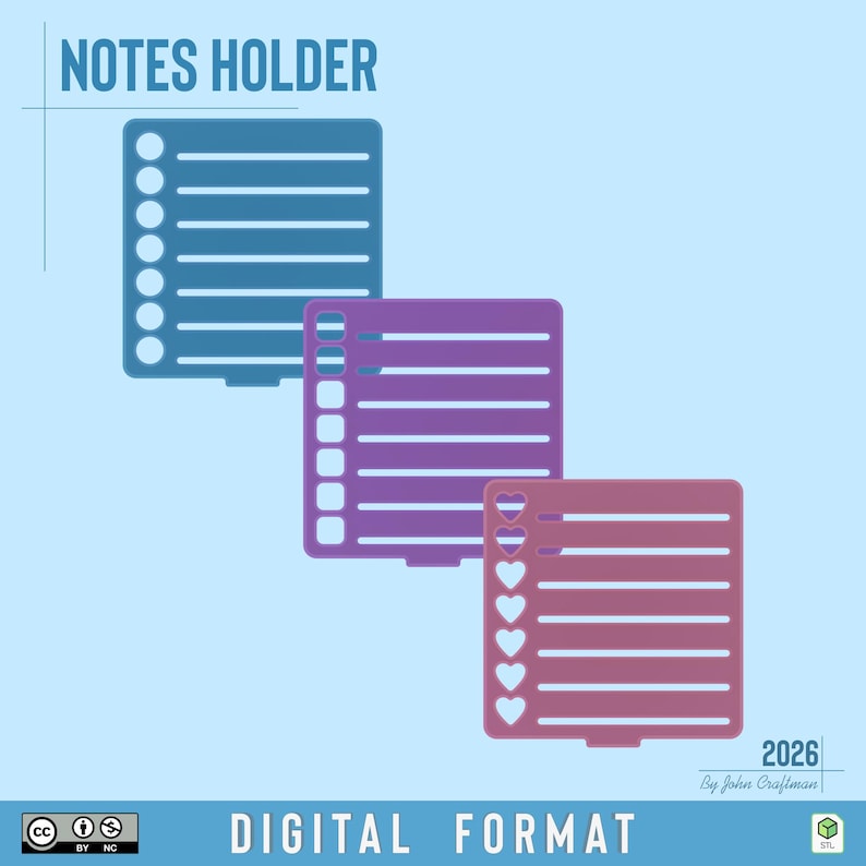 May include: Three square notes holder designs in blue, purple, and pink, each featuring horizontal lines and a column of circular or heart-shaped cutouts on the left side. The text NOTES HOLDER, 2026, By John Craftman, and DIGITAL FORMAT appear.