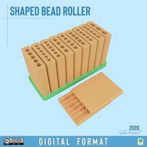 May include: A tan shaped bead roller set with multiple vertical blocks featuring various geometric cutouts, standing on a green base, accompanied by a matching tan flat press tool with small protrusions, labelled SHAPED BEAD ROLLER and DIGITAL FORMAT.