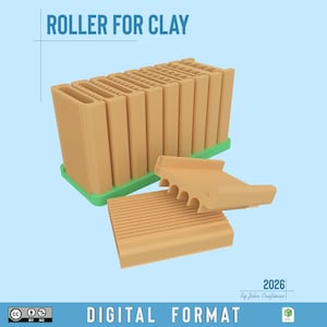 May include: A set of tan clay rollers with ribbed surfaces, organized in a green base, with one detached piece showing a 10 mm label. The text ROLLER FOR CLAY, 2026, By John Craftman, and DIGITAL FORMAT are visible on the light blue background.