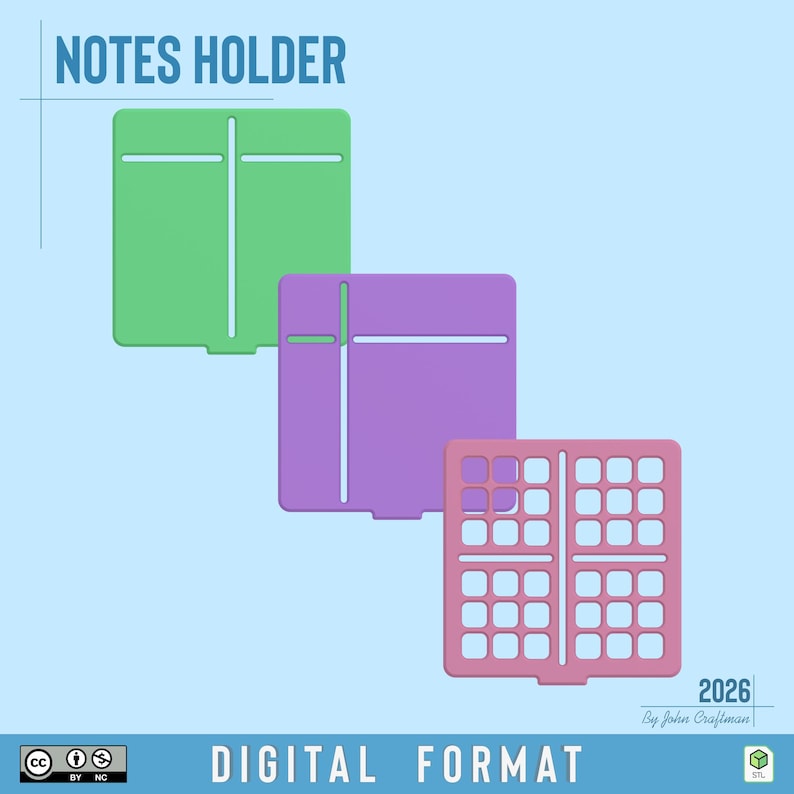 May include: Three square notes holder templates in green, purple, and pink. The green and purple versions feature a vertical and horizontal slot design. The pink version has a grid pattern. Text includes NOTES HOLDER, 2026, and DIGITAL FORMAT.