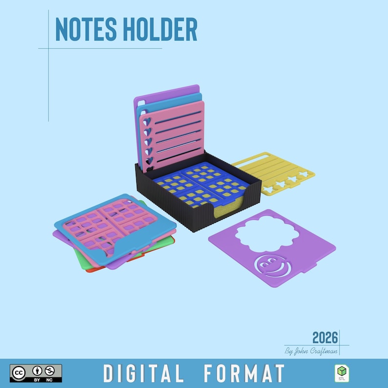 May include: A black notes holder containing a stack of square yellow sticky notes. Several colorful plastic stencils with various cutouts, including hearts, stars, and a smiley face, are arranged around the holder. Text reads NOTES HOLDER.