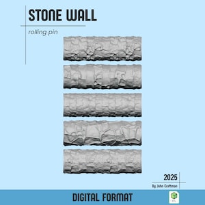 Può includere: Quattro mattarelli per muri in pietra grigia su sfondo azzurro. Il testo "STONE WALL" e "rolling pin" sono in alto a sinistra. Il testo "DIGITAL FORMAT" è in basso e "2025 By John Craftsman" è in basso a destra.
