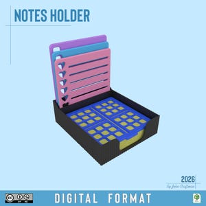May include: A black notes holder containing a stack of yellow square sticky notes topped with a blue grid-patterned sheet. Behind the notes are three upright rectangular dividers in purple, blue, and pink, each featuring a vertical row of heart-shaped cutouts along the left edge. The text NOTES HOLDER, 2026, and By John Craftman are visible.