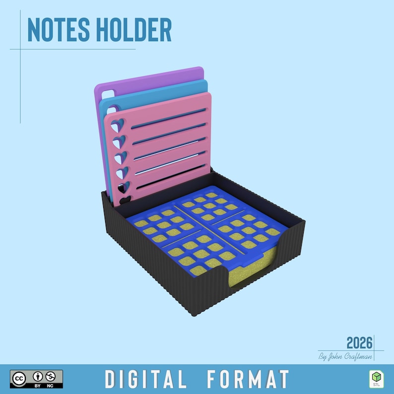 May include: A black notes holder containing a stack of yellow square sticky notes topped with a blue grid-patterned sheet. Behind the notes are three upright rectangular dividers in purple, blue, and pink, each featuring a vertical row of heart-shaped cutouts along the left edge. The text NOTES HOLDER, 2026, and By John Craftman are visible.