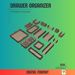 May include: A collection of brown drawer organizer modules in various shapes and sizes. The text "DRAWER ORGANIZER" and "Printable modules" are at the top. The words "DIGITAL FORMAT" are at the bottom. The year "2026" and the name "By John Craftsman" are also visible.
